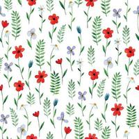 aquarel naadloze patroon met wilde bloemen. leuke bloemenprint met rode en blauwe bloemen. eenvoudige bladeren en bloemen op witte achtergrond vector
