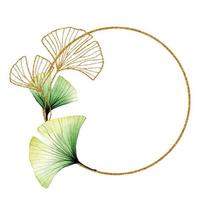 gouden ronde frame met transparante ginkgo bladeren. groene en gouden tropische bladeren, minimalistisch design. vector