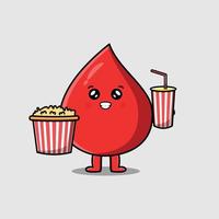 schattige cartoon bloeddruppel met popcorn en drankje vector