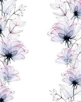 rechthoekig aquarel frame, naadloze grens met transparante bloemen. transparante roze bloemen en eucalyptus bladeren in pastelkleuren, roze blauw. geïsoleerd op een witte achtergrond. achtergrond voor bruiloft vector
