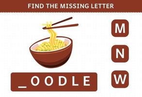 educatief spel voor kinderen zoek ontbrekende letter cartoon voedsel noodle werkblad vector