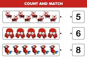 educatief spel voor kinderen tellen en matchen tel het aantal schattige cartoon rode dieren mier octopus papegaai en match met de juiste nummers afdrukbaar werkblad vector