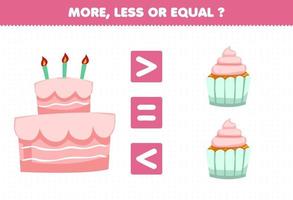 educatief spel voor kinderen min of meer gelijk aan de hoeveelheid cartoonvoedselcake cupcake vector