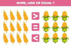 educatief spel voor kinderen min of meer tellen de hoeveelheid cartoon groenten tarwe maïs vector