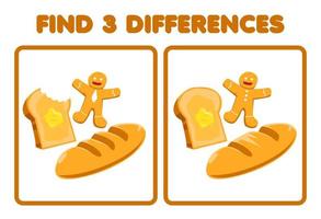educatief spel voor kinderen vind drie verschillen tussen twee cartoon afbeelding van voedsel toast broodje peperkoek vector