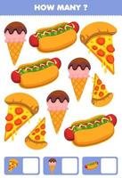 educatief spel voor kinderen die activiteit zoeken en tellen voor de kleuterschool hoeveel cartoon eten snack ijs pizza hotdog vector