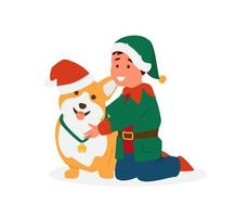 schattige jongen in elf kostuum knuffelen corgi in kerstmuts. platte vectorillustratie. geïsoleerd op wit. vector