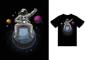 astronaut zit terwijl hij een illustratie van een koffiekopje vasthoudt met t-shirtontwerp premium vector