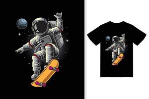 astronaut skateboard spelen in de ruimte illustratie met tshirt design premium vector