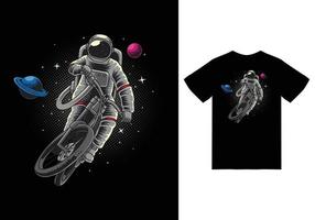 astronaut fiets op ruimte illustratie met tshirt ontwerp premium vector