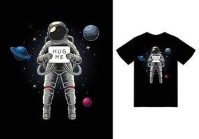 astronaut met bord in de ruimte illustratie met tshirt ontwerp premium vector