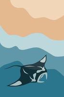 grote manta op abstracte zee achtergrond. eenvoudige hand getekende vectorillustratie. onderwaterbanner, poster, kaart vector