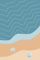 schelpen op tropische zand abstracte achtergrond, lijn golven, blauwe en gele zomervakantie ontspannen illustratie voor spandoek, poster, kaart vectorillustratie vector
