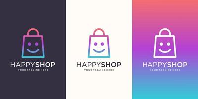 happy shop logo-ontwerpsjabloon, tas gecombineerd met gezichtsglimlach. vector