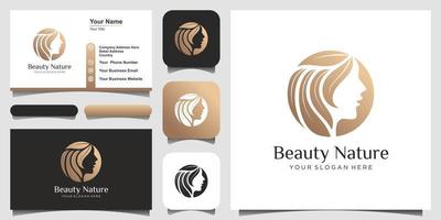 creatieve schoonheid vrouw kapsalon combineren met natuur concept, logo en visitekaartje ontwerp. vector