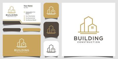 gebouw logo-ontwerp met lijn kunststijl. stadsbouwsamenvatting voor inspiratie voor logo-ontwerp en visitekaartjeontwerp vector