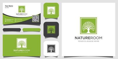boomlogo met vierkante conceptontwerpelementen. groene tuin vector logo sjabloon en visitekaartje ontwerp