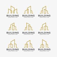 set gouden gebouw logo ontwerpen. constructie logo-ontwerp met lijn kunststijl. vector