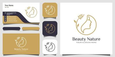 het gezicht van de vrouw combineert bloemlogo en visitekaartjeontwerp. abstract ontwerpconcept voor schoonheidssalon, mode, massage, tijdschrift, cosmetica en spa. vector