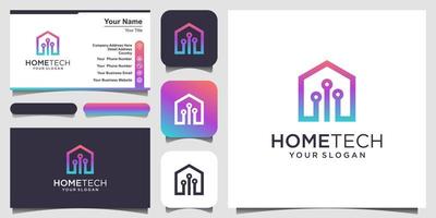 abstracte home tech met lijn art stijl logo en visitekaartje ontwerp. het logo wordt gebruikt voor thuistechnologie, smart home-bedrijven. vector