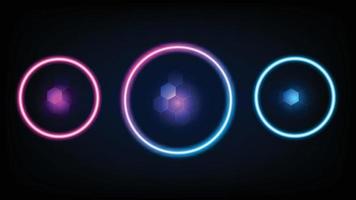 gradiënt neon cirkelframes en polygoon neon insild. roze en blauw gekleurde lege sjablonen geïsoleerd op zwarte achtergrond. geometrische gloed omtrekvormen of laser gloeiende lijnen. vector glanzende objecten