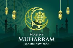 groene islamitische nieuwjaarsbanner met maan en bloemenachtergrond vector