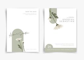 witte en groene trouwkaart of uitnodigingskaart met witte bloem en bladthema voor- en achterkant. natuur trouwkaart. natuur dekking. bruiloft kaartsjabloon. vector