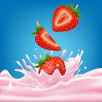 aardbei zoete roze melk met bessen en spatten realistisch, fruit en yoghurt. vector 3d illustratie.