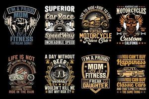 vintage trendy t-shirt design bundel, klassieke auto, motorfiets, bier, gym t-shirts, vectorelement vector