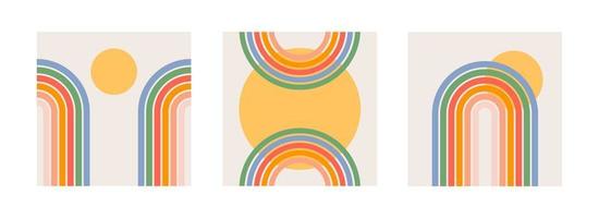 trendy abstracte set esthetische achtergronden met zon en regenboog. halverwege de eeuw wanddecor in de stijl van de jaren 60, 70. retro vectorontwerp voor sociale media, blogpost, sjabloon, interieurontwerp vector