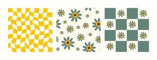retro set groovy naadloze patronen met madeliefjebloemen en vervormd dambord. trendy vectorillustratie in stijl hippie 60s, 70s. gele en groene kleuren vector