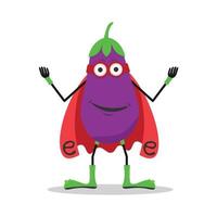 sterke superheld aubergine plantaardige vector stripfiguur. grappige aubergine-mascotte met een rode cape en een heldenmasker als supervoedzaam voedsel