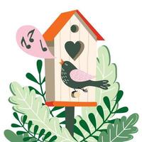 een zingende vogel en een vogelhuisje. vector