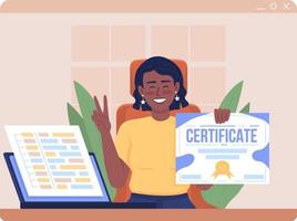 gelukkig meisje met certificaat 2d geïsoleerde vectorillustratie. cursus afgestudeerd plat karakter op cartoon achtergrond. kleurrijke bewerkbare scène voor mobiel, website, presentatie vector