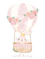 schattig roze konijntje op zoete bloemen hpot luchtballon aquarel, schattige kinderkamer hand schilderij vector