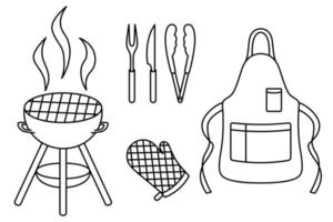 een set gereedschappen en overalls voor het koken van barbecue in doodle-stijl vector