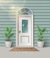 3D-realistische vectorillustratie. landelijke ingang met vloerplanten en witte houten deur. vector