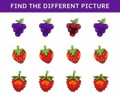 educatief spel voor kinderen vind de verschillende foto in elke rij fruit druif aardbei frambozen vector