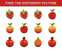 educatief spel voor kinderen vind de verschillende afbeeldingen in elke rij fruit aardbei appel granaatappel drakenfruit vector