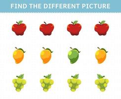 educatief spel voor kinderen vind de verschillende afbeelding in elke rij fruit appel mango druif vector