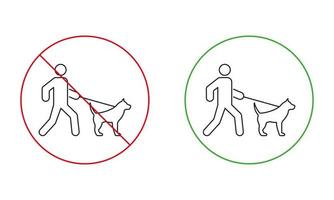 verbodszone voor het uitlaten van hondenlijnpictogram. verbieden wandeling rode stop cirkel symbool. man en huisdier aan de lijn lopen verboden overzichtspictogram. toestaan lopen dierengebied groen teken. geïsoleerde vectorillustratie. vector