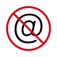 e-mail spam zwart silhouet pictogram verbieden. verboden mailing tekstpictogram. e-mailadres rode stop cirkel symbool. let op geen toegestane e-mail spamming. apenstaartje verboden. geïsoleerde vectorillustratie. vector