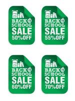 terug naar school sale groene stickers set 50, 55, 60, 70 procent korting met microscoop schooltas vector