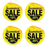 zomerverkoop gele stickers instellen 15, 25, 35, 45 procent korting. vector