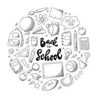 set school doodles en belettering offerte geïsoleerd op een witte achtergrond. goed voor posters, kaarten, prenten, stickers, clipart, briefpapier, kleurpagina's, enz. eps 10 vector