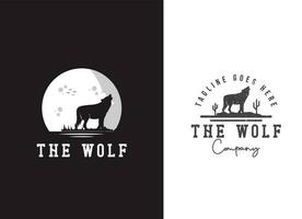 wandelen zwarte wolf vos hond coyote jakhals rustiek vintage silhouet retro hipster logo ontwerp vector