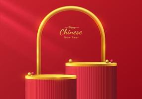 abstracte 3d rode kamer met set van realistische rode, gouden luxe trappen cilinder staan podium. minimale scène voor presentatie van productdisplays. geometrische vormen. podium voor showcase. Chinees nieuwjaarsconcept vector