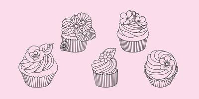 cupcake vector set hand getrokken lijn kunst illustratie set, cup cake overzicht voor het kleuren van boek