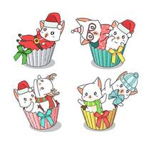 hand getrokken kerstkatten in cupcake wrappers set vector