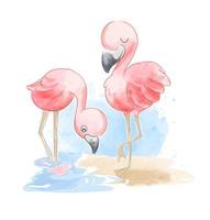 schattig flamingopaar op het strand vector